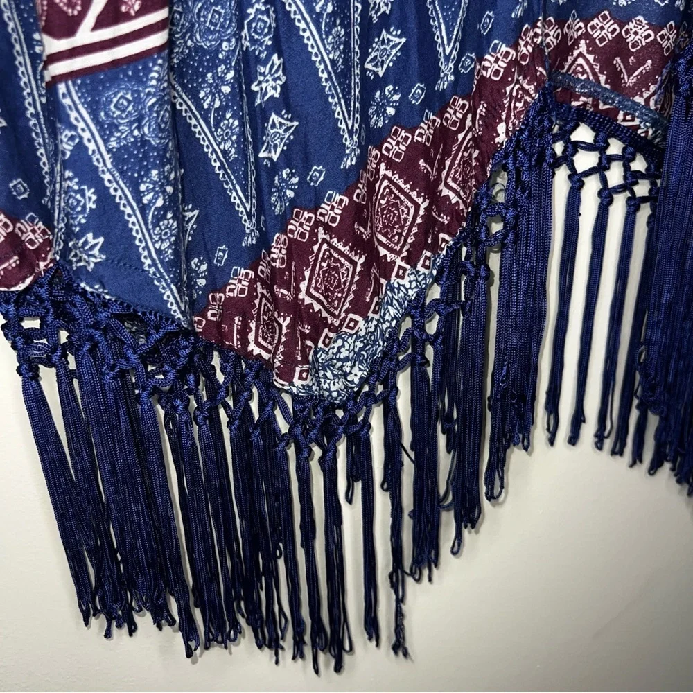 Hollister Kimono Swim Cover Up 100% Viscose Tasseled Navy Cream Maroon Small